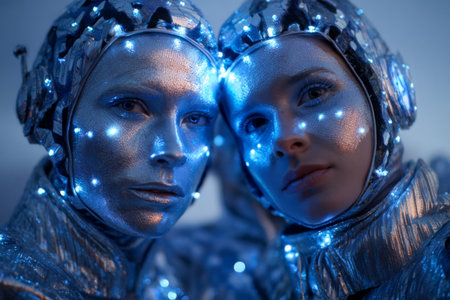 Two futuristic performers wear shimmering silver outfits and glowing face makeup, posing closely together for a captivating portrayal of modern artistry and innovation.の素材
