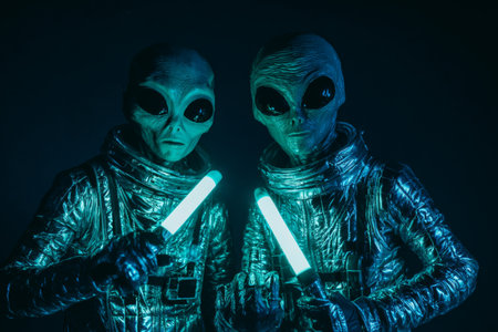 Two alien figures stand side by side, each holding glowing sticks. Their metallic suits and large eyes add to the otherworldly atmosphere of the science fiction themed event at night.の素材