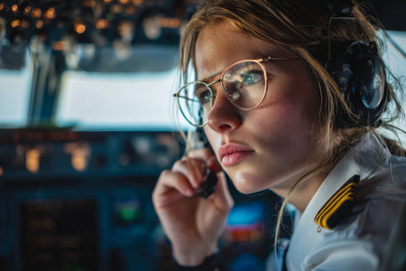 Focused young pilot wearing glasses and headset communicates with air traffic control while operating the aircraft in a busy cockpit environmentの素材