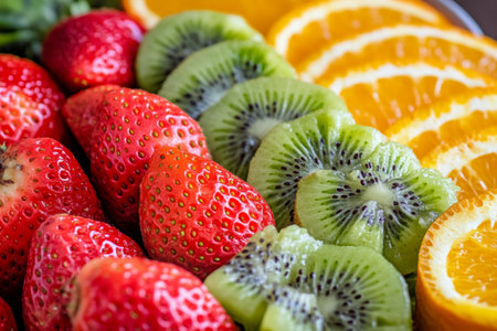 A colorful platter features fresh strawberries, ripe kiwis, and sweet oranges arranged beautifully. This healthy snack offers a vibrant selection of fruits ideal for energy and nutrition.の素材
