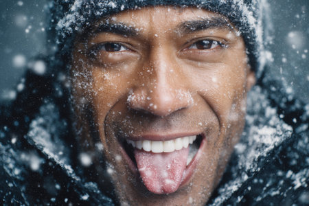 In a snowy environment, a man displays joy by smiling widely and playfully sticking out his tongue as snowflakes accumulate on his face. He is dressed warmly for the cold.の素材