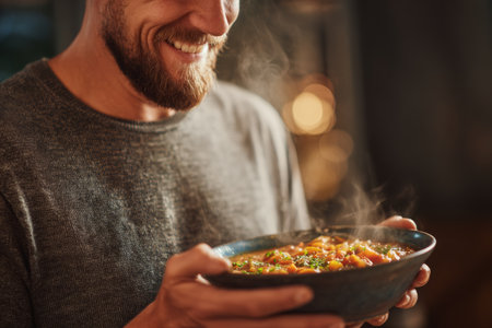 A man is smiling while holding a steaming bowl of hearty stew, surrounded by a warm and inviting atmosphere in the evening. The aroma seems to enhance his joy.の素材