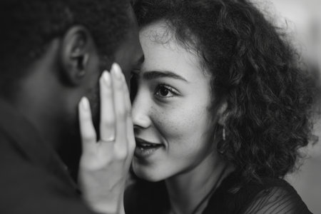A man leans in closely to whisper tender words into his partners ear, capturing a moment of deep affection and closeness. The soft focus background enhances their intimate connection.の素材