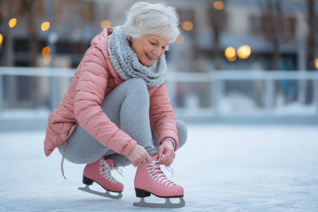 Elderly woman sits on the edge of an outdoor rink, tightening laces on pink ice skates, excited to enjoy a day of skating in cool winter weather with festive lights around.の素材