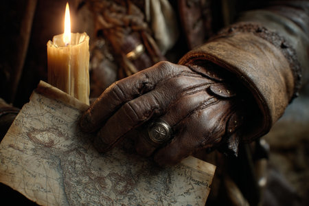 A musketeers gloved hand tightly grips an ancient parchment map while a flickering candle casts a warm glow, illuminating the intricate details of the aged paper in a rustic environment.の素材