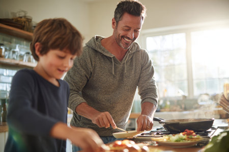 A father and his young son are happily engaged in cooking in a sunny kitchen. They are chopping vegetables and stirring a pot, sharing smiles and laughter during the processの素材