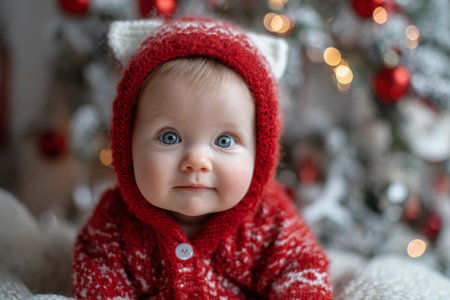 A smiling baby wearing a cozy red knitted outfit poses with a festive backdrop of a decorated tree, surrounded by twinkling lights and ornaments.の素材