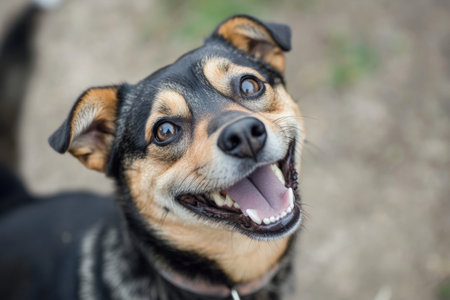 A joyful dog with a wide smile and wagging tail gazes upwards, expressing excitement in a vibrant outdoor environment. The scene captures the essence of happiness and fun.の素材
