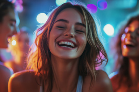 A young woman laughs heartily while dancing with friends under bright strobe lights. The atmosphere is vibrant and filled with joy as they enjoy a lively night together.の素材