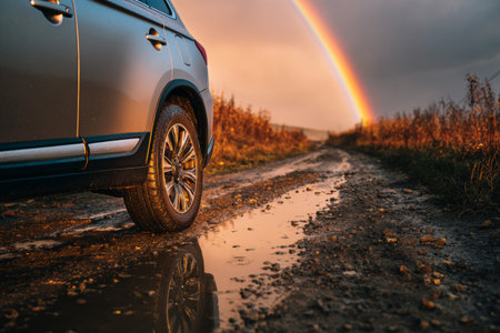 Close-up view of an electric vehicle resting on a dirt road with a puddle reflecting its image. A beautiful rainbow arcs across the sky following recent rainfall, creating a serene atmosphere.の素材