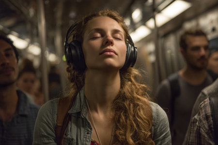 A young woman wearing headphones relaxes and enjoys her music on a subway train filled with passengers. The atmosphere is calm and reflective as others engage in their activities.の素材