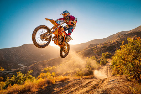A motocross rider soars through the air on a dirt bike against the backdrop of a vibrant sunset in the mountains. Dust rises as the rider executes an impressive jump along a rugged trail.の素材