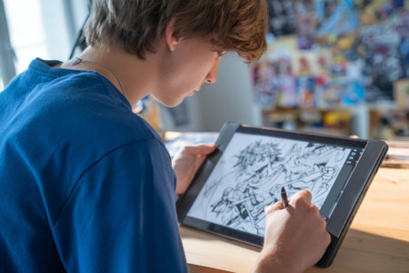 A teenager is focused on sketching while following live instructions on a tablet. The bright indoor space is filled with art supplies and inspiration, enhancing the learning experience.の素材