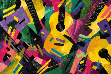 Bright and lively abstract art shows several guitars among a mix of colors and shapes. The artwork conveys a joyful and musical atmosphere, celebrating creativity.の素材