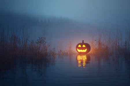 A bright jack o lantern sits on the surface of still water, surrounded by misty grass. The glow from the pumpkin illuminates the fog, creating a spooky Halloween atmosphere.の素材