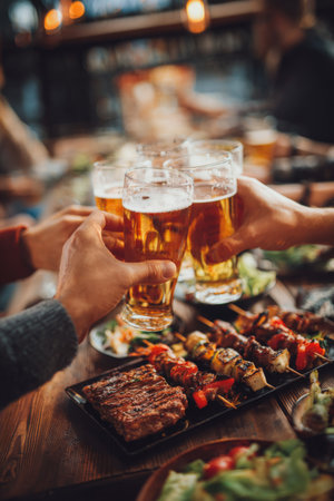 Cheers resonate as friends raise glasses filled with cold beer. A platter of grilled skewers and fresh vegetables is shared on a wooden table in a vibrant bar setting.の素材