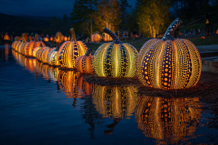 A row of intricately carved pumpkins shines brightly along the waters edge, reflecting their warm light in the calm lake as night falls, creating a beautiful autumn scene.の素材