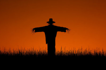 A scarecrow stands alone in a field as the sun sets, casting a warm orange glow over the landscape. Tall grass surrounds the figure, creating an atmospheric scene.の素材