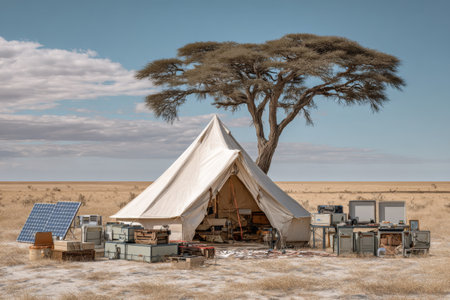 A spacious tent stands in a dry landscape, surrounded by solar panels and various vintage equipment. A large tree provides shade, creating a unique scene of adventure and exploration.の素材