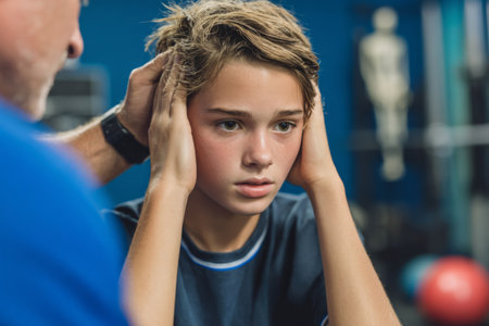 A young athlete sits in a gym, looking focused and somewhat troubled as a coach provides support. The background features fitness equipment and a calm atmosphere.の素材