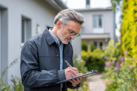 A man with gray hair and glasses stands in a garden, writing notes on a clipboard. He appears focused and immersed in his task, surrounded by blossoming flowers and greenery.の素材