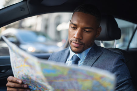 A man dressed in a suit sits inside a car, carefully studying a map as he figures out his path through a busy urban area. The daylight highlights his focused expression.の素材
