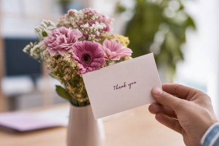 A hand presents a thank you card beside a delicate vase filled with pink and white flowers in a sunny indoor space. The scene conveys gratitude and warmth.の素材