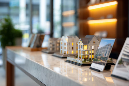 A collection of detailed model houses is arranged on a sleek table in a contemporary real estate office. Soft lighting highlights the designs and nearby promotional materials.の素材