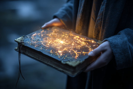 A cloaked figure stands in a dim environment, cradling an ancient book. The book emits a soft glow with cosmic patterns, creating a magical atmosphere in the twilight.の素材