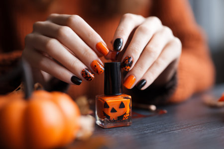 Hands apply Halloween-themed nail polish with orange and black colors. The nails have intricate designs with a pumpkin motif. A small pumpkin sits nearby, enhancing the autumn theme.の素材