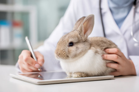 A veterinarian gently holds a small rabbit on the table while writing notes on a tablet. The setting is a clean, modern animal clinic with medical supplies in the background.の素材