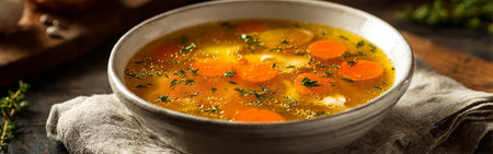 A bowl of warm vegetable soup with bright orange carrots and fresh herbs sits on a rustic wooden table. This comforting dish is perfect for cold days or as a healthy meal option.の素材