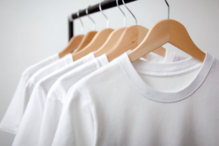 Several white cotton t-shirts are neatly hanging on a wooden rack against a plain wall. The simple design creates a clean, organized look suitable for display.の素材