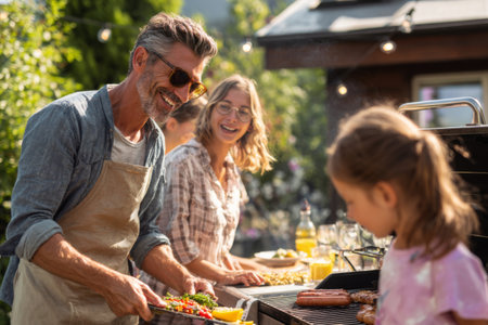 Family members enjoy a warm summer day grilling together in the backyard. Laughter and smiles fill the air as they prepare delicious food and share quality time.の素材