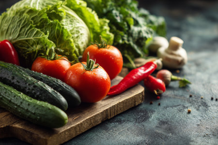 A variety of fresh vegetables is displayed on a wooden cutting board. Bright red tomatoes, green cucumbers, and assorted greens create a vibrant scene perfect for cooking.の素材