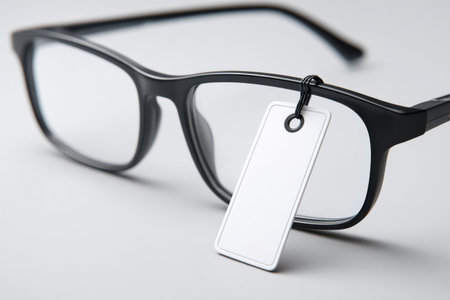 Black optical glasses are displayed on a smooth surface with a price tag attached. The background is minimal, enhancing the focus on the glasses and their details.の素材