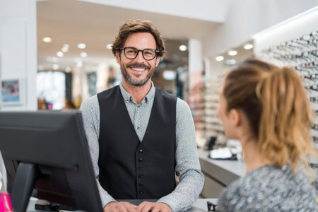 A smiling optician in a vest helps a customer choose glasses in a bright eyewear shop. The atmosphere is inviting with modern displays and various frames.の素材