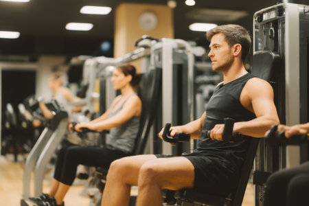 Men and women are engaged in strength training at a contemporary gym. They are using various exercise machines to enhance their fitness during the evening hours.の素材