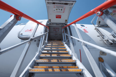Stairs lead up to the entrance of an airplane at an airport. The bright sun shines down, creating a warm atmosphere for travelers. Signs indicate safety protocols.の素材