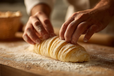 Hands dusted with flour shape and fold layers of dough into a croissant in a warm, inviting kitchen. Sunlight streams in, highlighting the baking process.の素材