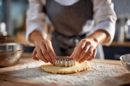 In a warm kitchen, a baker shapes soft cookie dough using a metal cutter. Flour dusts the wooden surface as sunlight streams in, adding warmth to the scene.の素材