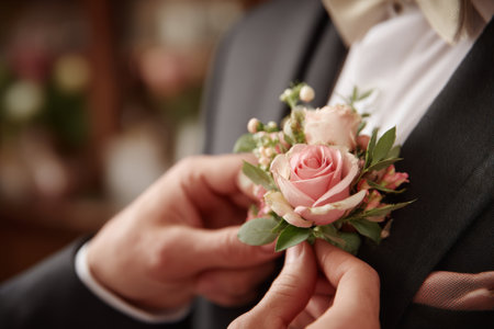 A groom prepares for his wedding as a friend pins a pink rose boutonniere onto his tuxedo. The elegant setting features beautiful floral arrangements and soft lighting.の素材