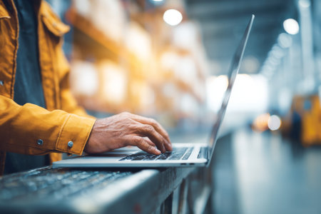 A worker is focused on typing on a laptop while standing in a warehouse. The setting includes shelves stocked with boxes, creating a busy atmosphere of productivity.の素材
