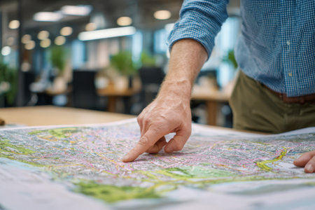 A person examines a large map laid out on a table in a contemporary office environment. Natural light streams in through large windows, creating a productive atmosphere.の素材