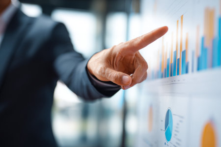 A business professional points at a data chart on a wall in a contemporary office. The scene captures the analysis of business statistics and trends, showing active engagement in discussions.の素材