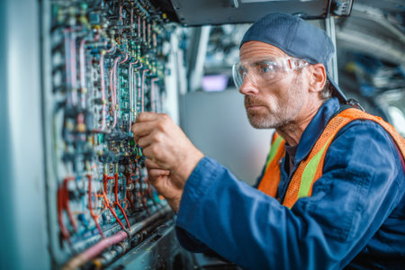 A technician is examining and repairing electrical panels in an aircraft at a maintenance hangar. He is focused on his task, ensuring everything is functioning correctly.の素材