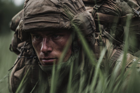 A soldier is seen moving carefully through tall grass while wearing a heavy backpack and tactical gear during a military training exercise in the outdoors.の素材