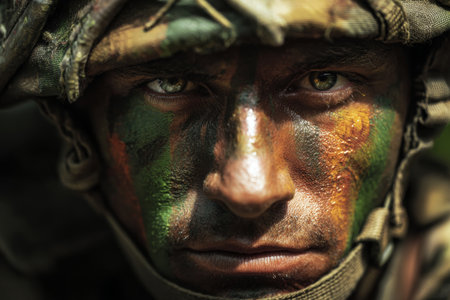 A soldier in camouflage gear stars intensely with painted face, preparing for a training mission in a dense forest. The sunlight filters through the trees, adding to the atmosphere.の素材