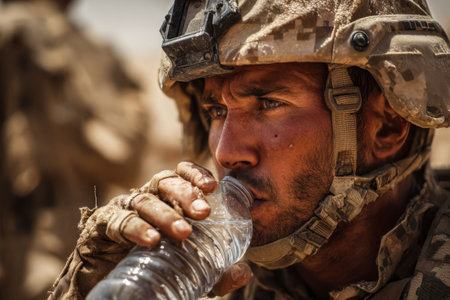 A soldier takes a break to drink water from a bottle, showing focus and determination in a dusty desert landscape. His surroundings reflect a challenging military mission.の素材