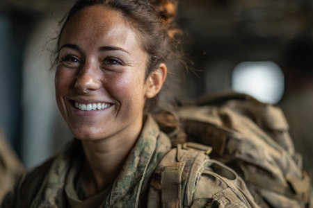 A happy soldier wearing military gear and a backpack stands indoors. The cheerful expression reflects camaraderie and readiness during training activities.の素材